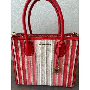 Michael Kors Mercer Red Coral Tan Leather Straw Purse Hand Bag Accordion